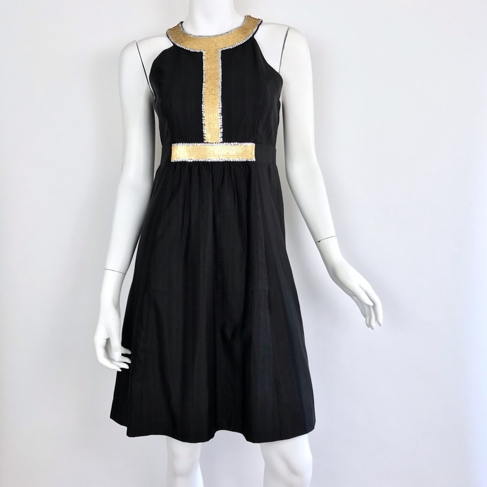 {Tibi} Black Textured Holiday Dress with Sequins